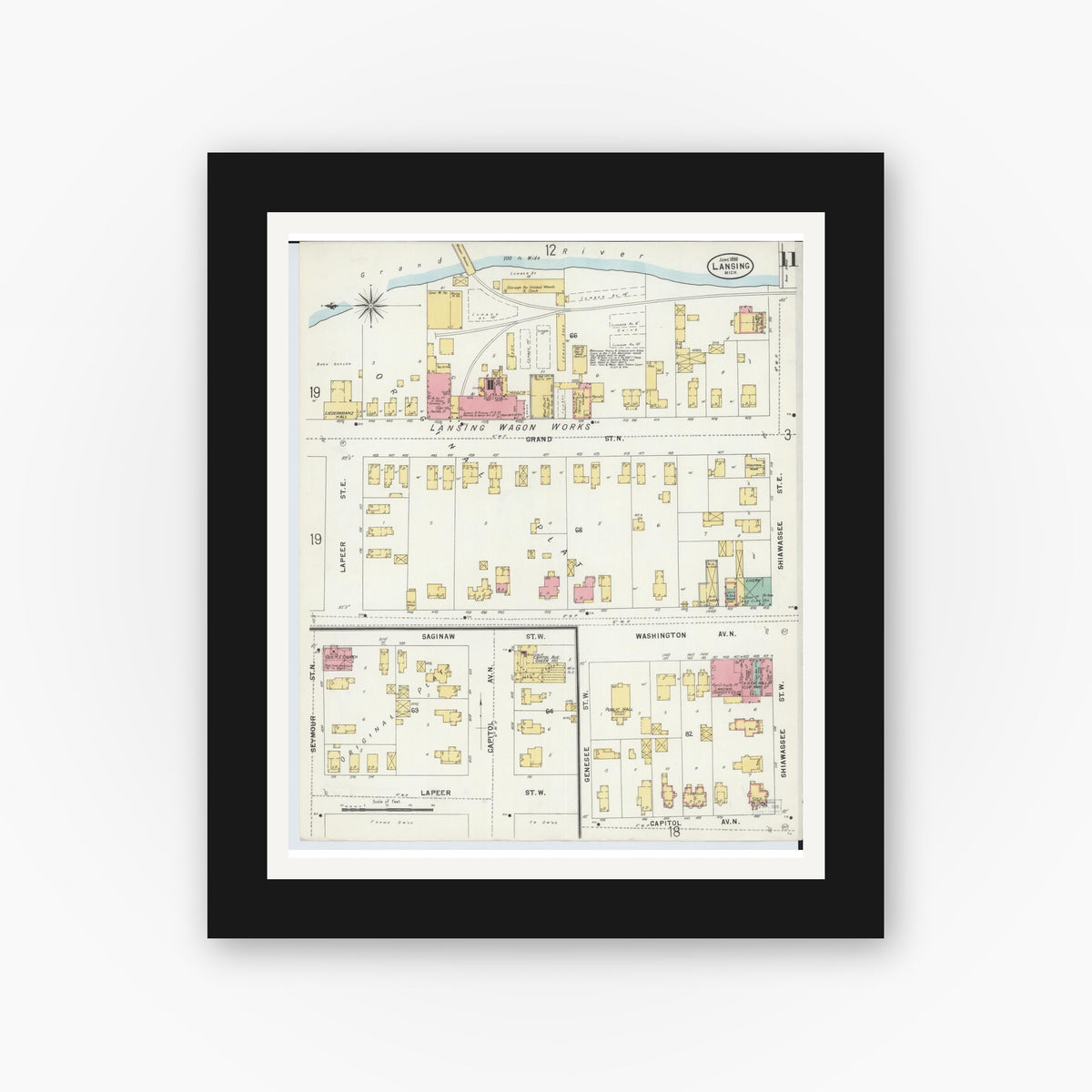 Old map wall art mockup — black gallery frame with white mat — Sanborn Fire Insurance Map from Lansing, Ingham County, Michigan (1898), Sheet #0011