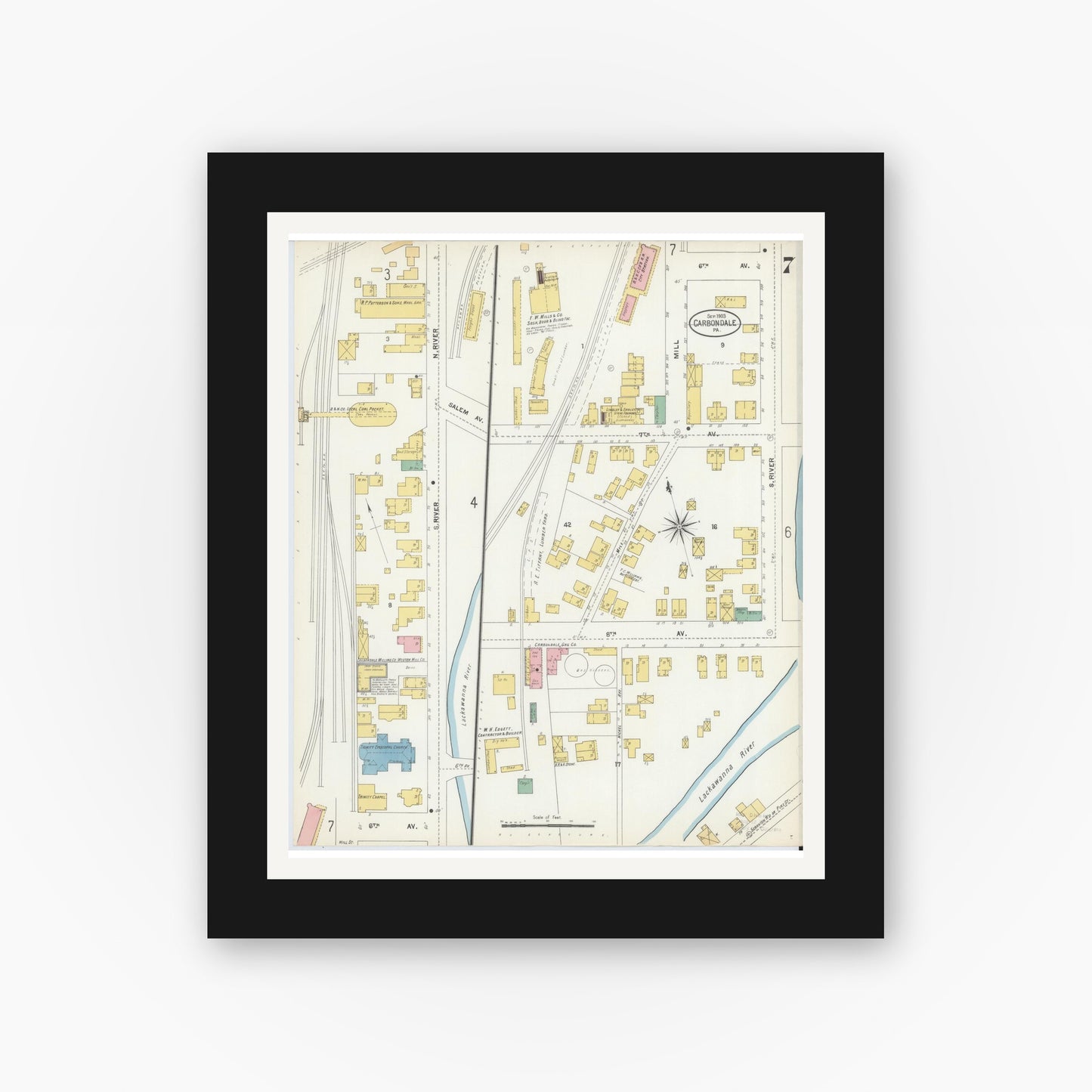Old map wall art mockup — black gallery frame with white mat — Sanborn Fire Insurance Map from Carbondale, Lackawanna County, Pennsylvania (1903), Sheet #0007