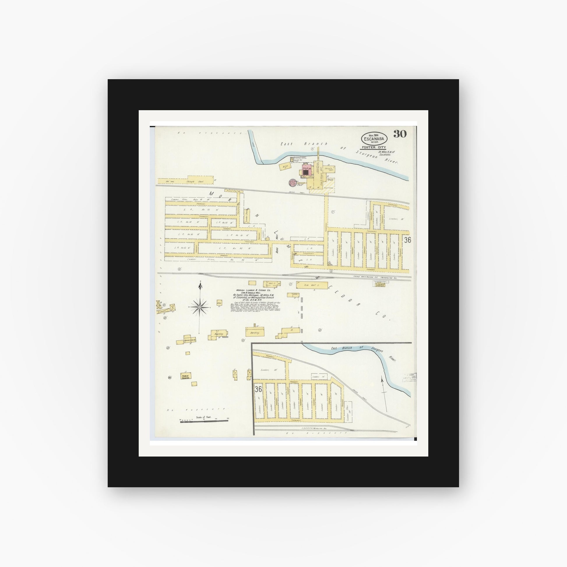 Old map wall art mockup — black gallery frame with white mat — Sanborn Fire Insurance Map from Escanaba, Delta County, Michigan (1906), Sheet #0030