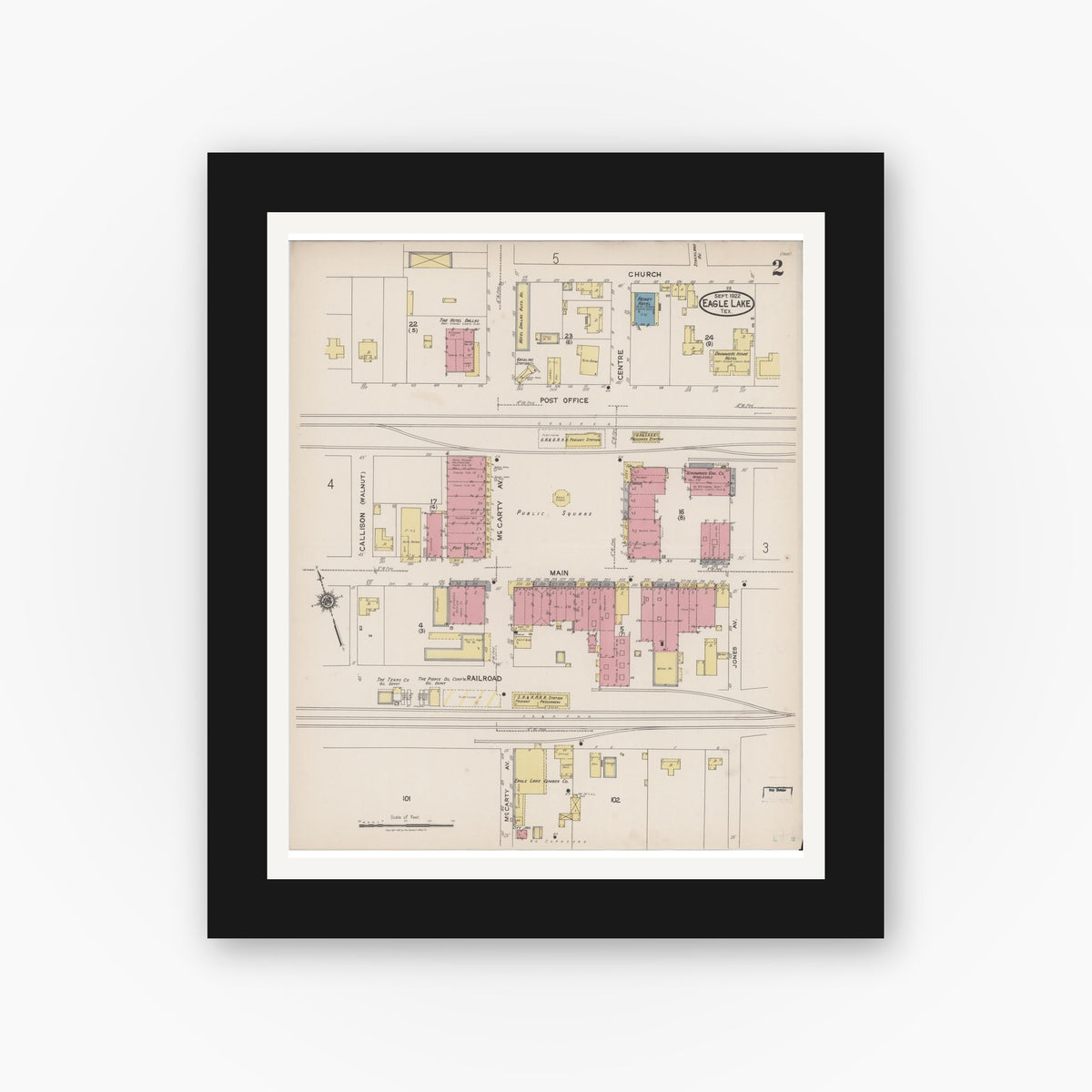 Old map wall art mockup — black gallery frame with white mat — Sanborn Fire Insurance Map from Eagle Lake, Colorado County, Texas (1922), Sheet #0002