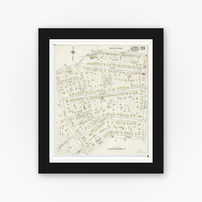 Old map wall art mockup — black gallery frame with white mat — Sanborn Fire Insurance Map from Warren, Trumbull County, Ohio (1915), Sheet #0023