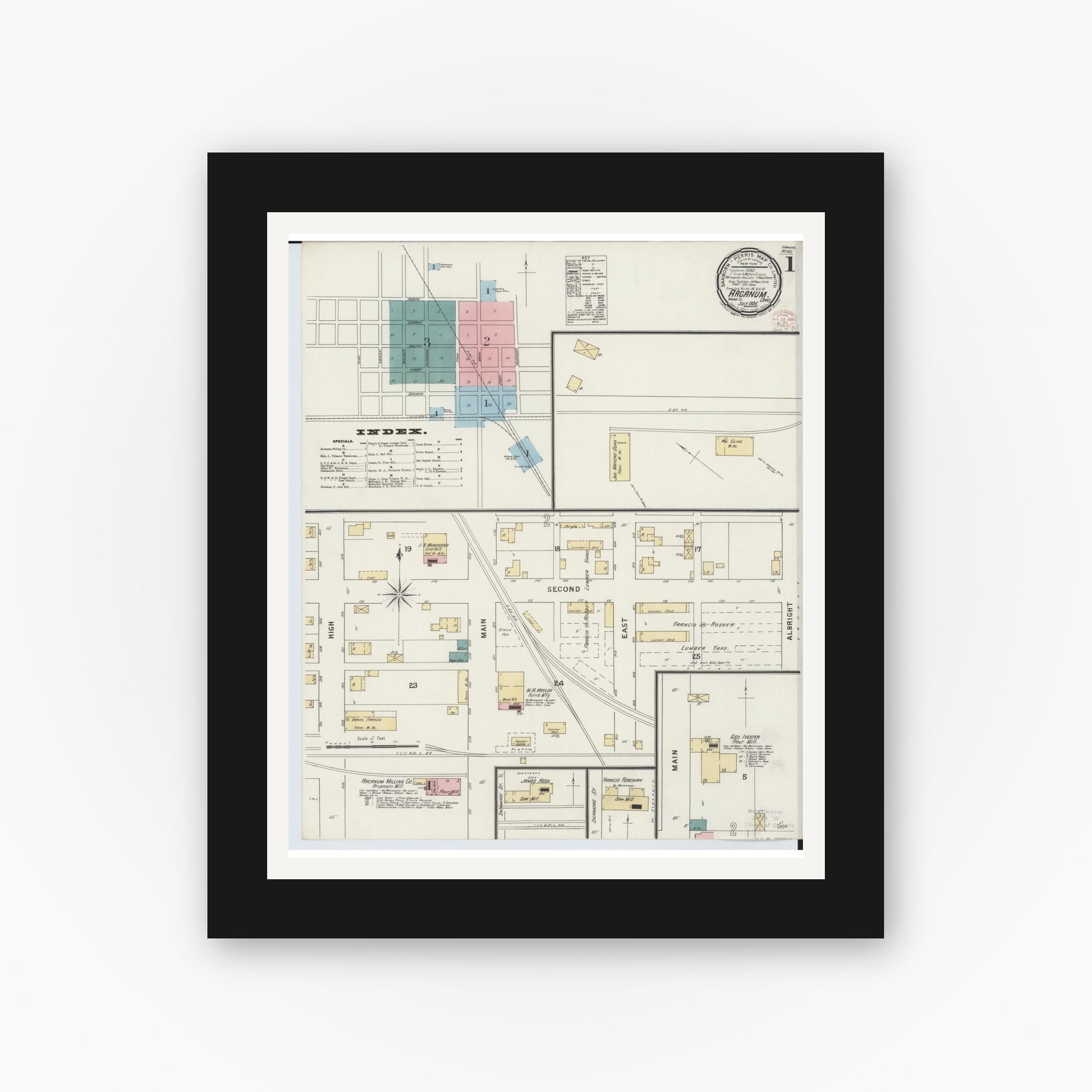 Old map wall art mockup — black gallery frame with white mat — Sanborn Fire Insurance Map from Arcanum, Darke County, Ohio (1895), Sheet #0001