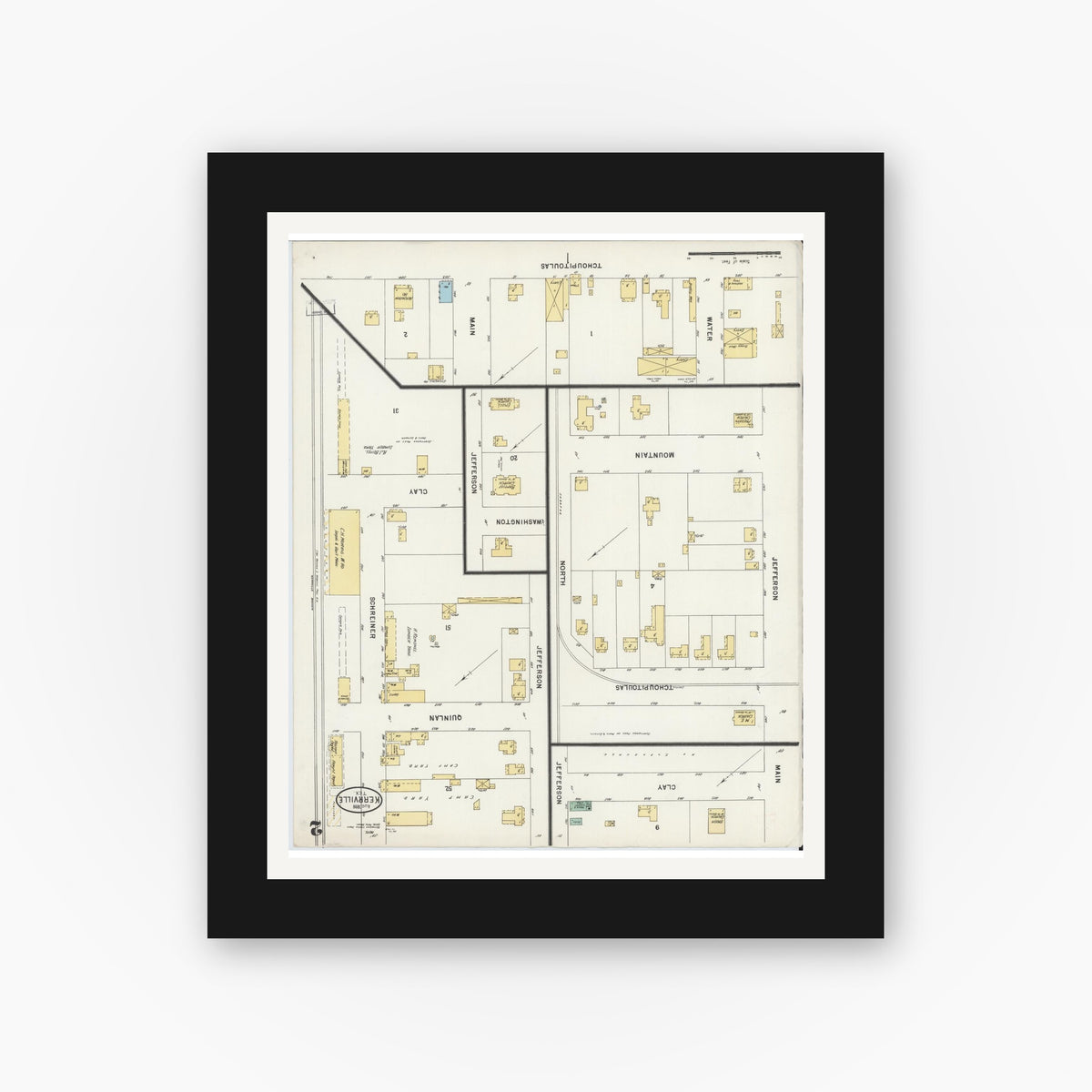 Old map wall art mockup — black gallery frame with white mat — Sanborn Fire Insurance Map from Kerrville, Kerr County, Texas (1898), Sheet #0002
