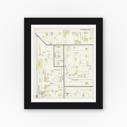 Old map wall art mockup — black gallery frame with white mat — Sanborn Fire Insurance Map from Kerrville, Kerr County, Texas (1898), Sheet #0002