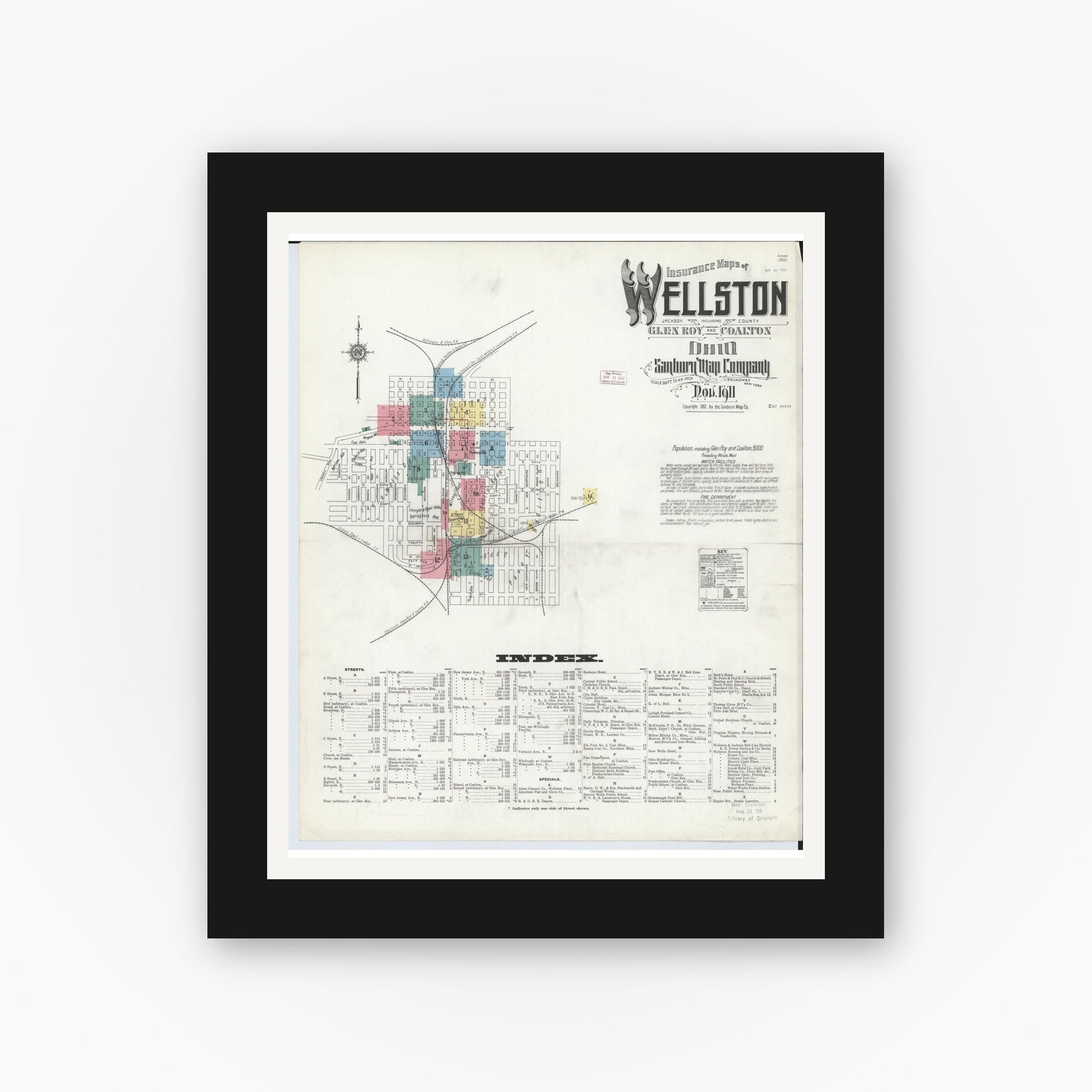 Old map wall art mockup — black gallery frame with white mat — Sanborn Fire Insurance Map from Wellston, Jackson County, Ohio (1911) - Complete Map Set