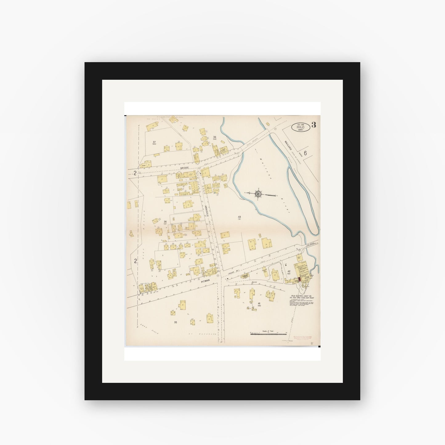 Old map wall art mockup — black gallery frame with white mat — Sanborn Fire Insurance Map from Hilo, Hawaii County, Hawaii (1914), Sheet #0003