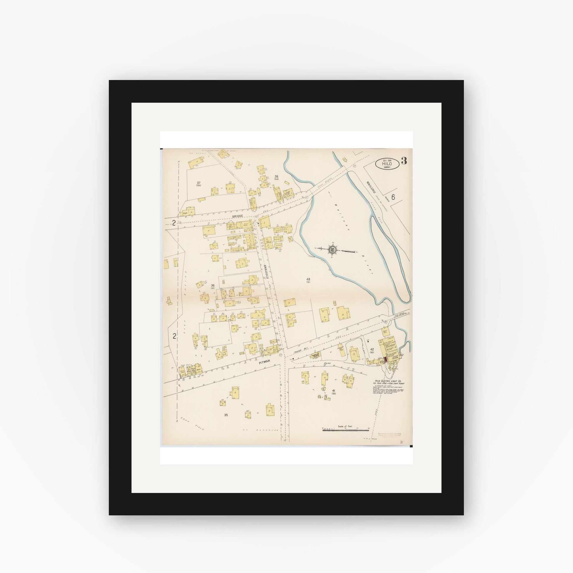 Old map wall art mockup — black gallery frame with white mat — Sanborn Fire Insurance Map from Hilo, Hawaii County, Hawaii (1914), Sheet #0003