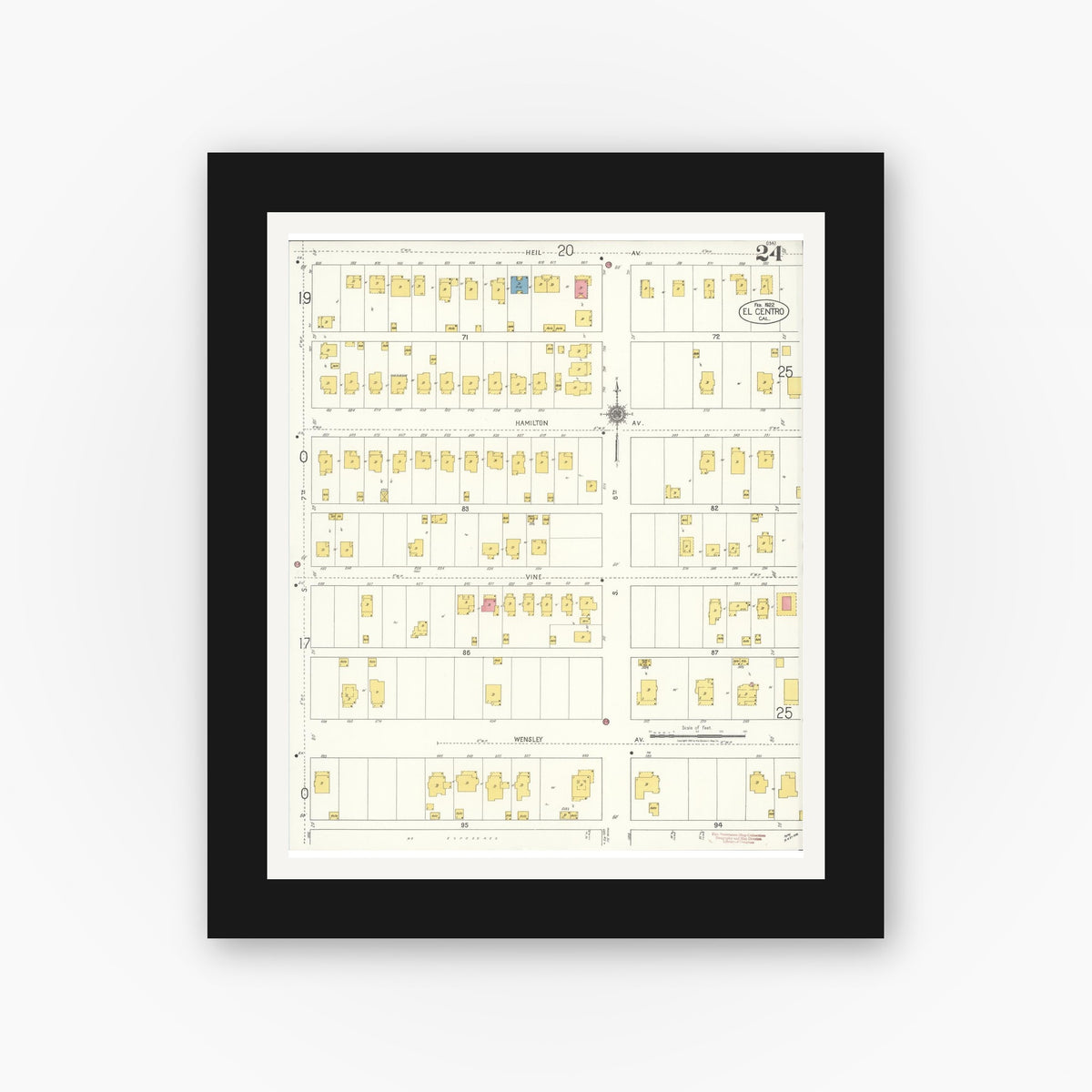 Old map wall art mockup — black gallery frame with white mat — Sanborn Fire Insurance Map from El Centro, Imperial County, California (1922), Sheet #0024