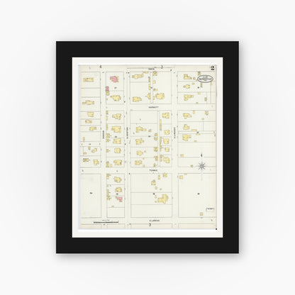 Old map wall art mockup — black gallery frame with white mat — Sanborn Fire Insurance Map from Gainesville, Cooke County, Texas (1897), Sheet #0002