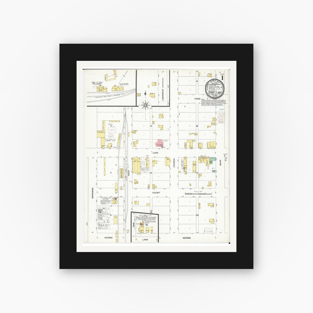 Old map wall art mockup — black gallery frame with white mat — Sanborn Fire Insurance Map from Spirit Lake, Dickinson County, Iowa (1900) â€” Complete Set