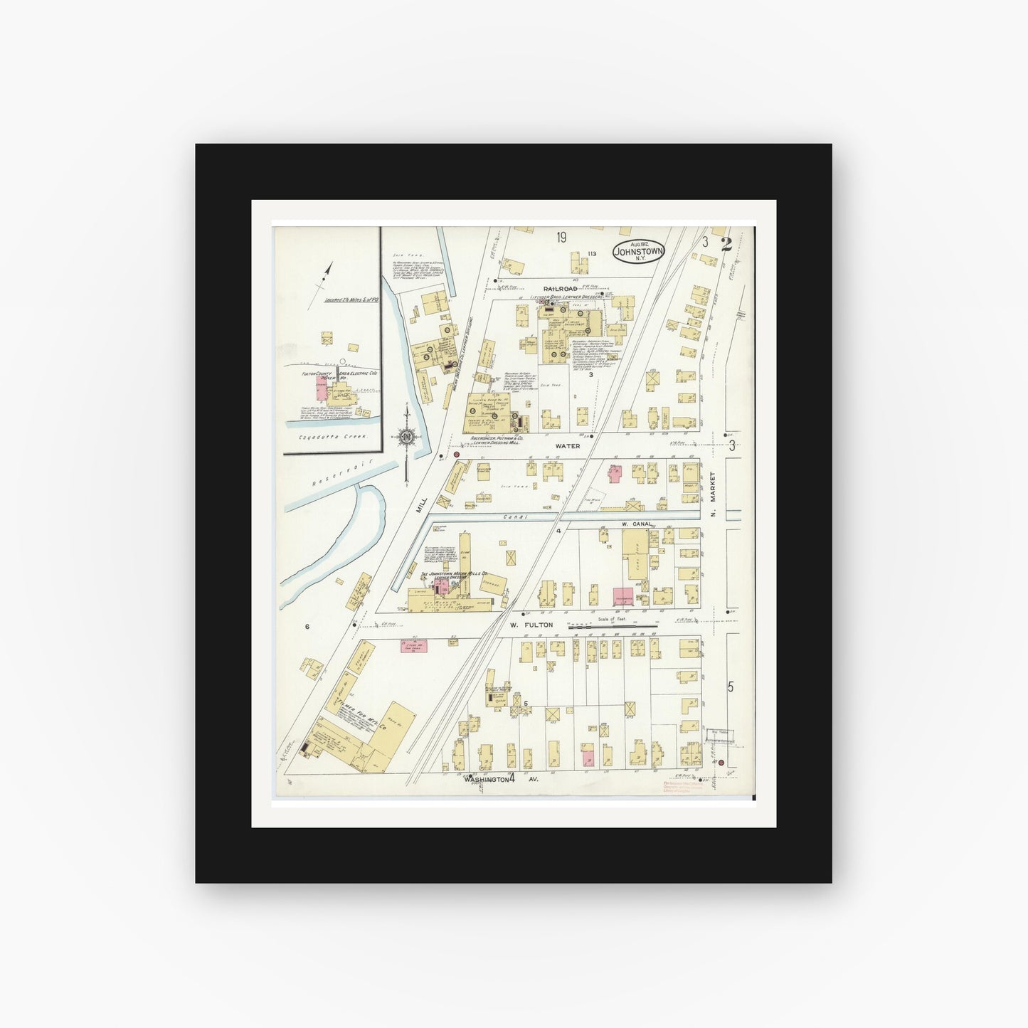 Old map wall art mockup — black gallery frame with white mat — Sanborn Fire Insurance Map from Johnstown, Fulton County, New York (1912) - Complete Map Set