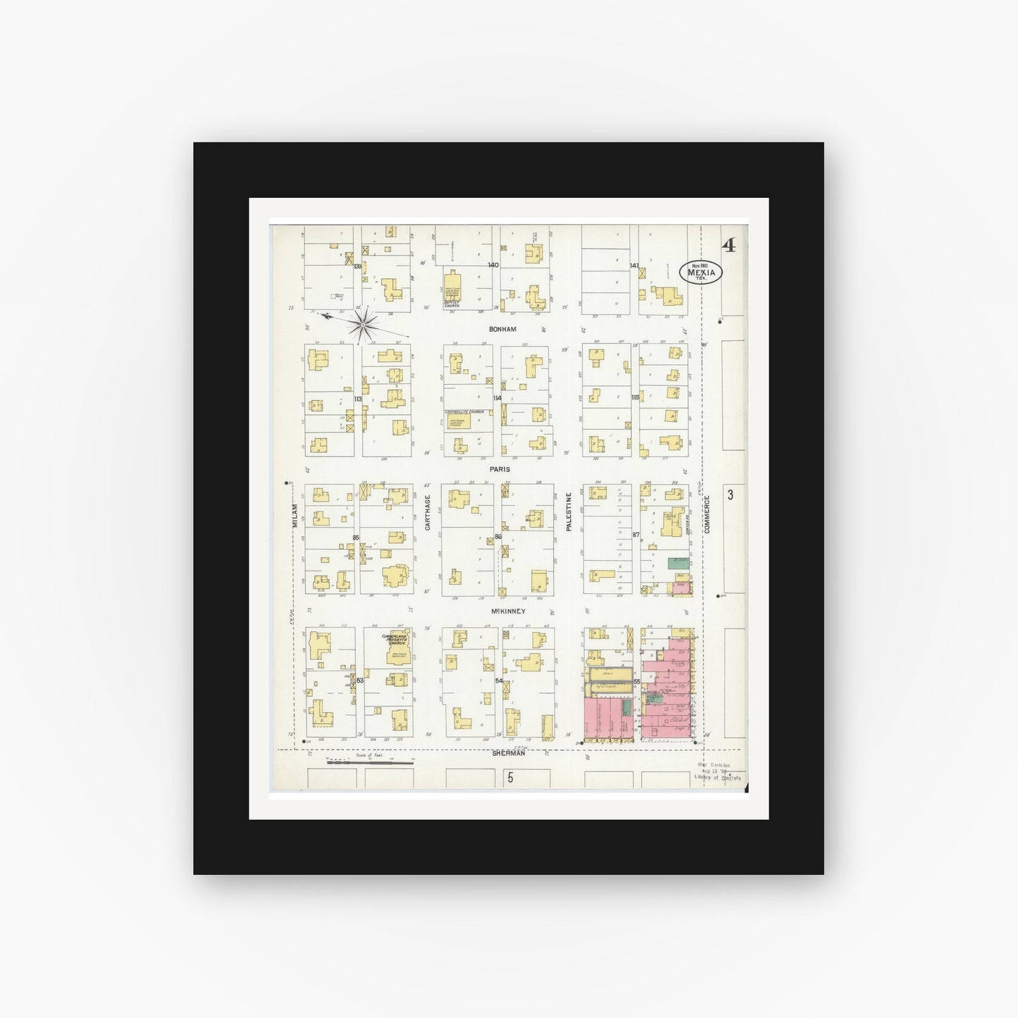 Old map wall art mockup — black gallery frame with white mat — Sanborn Fire Insurance Map from Mexia, Limestone County, Texas (1901), Sheet #0004
