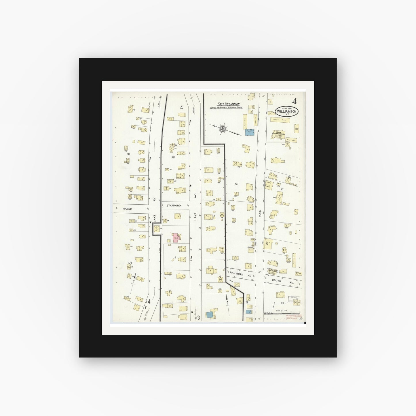 Old map wall art mockup — black gallery frame with white mat — Sanborn Fire Insurance Map from Williamson, Wayne County, New York (1914), Sheet #0004