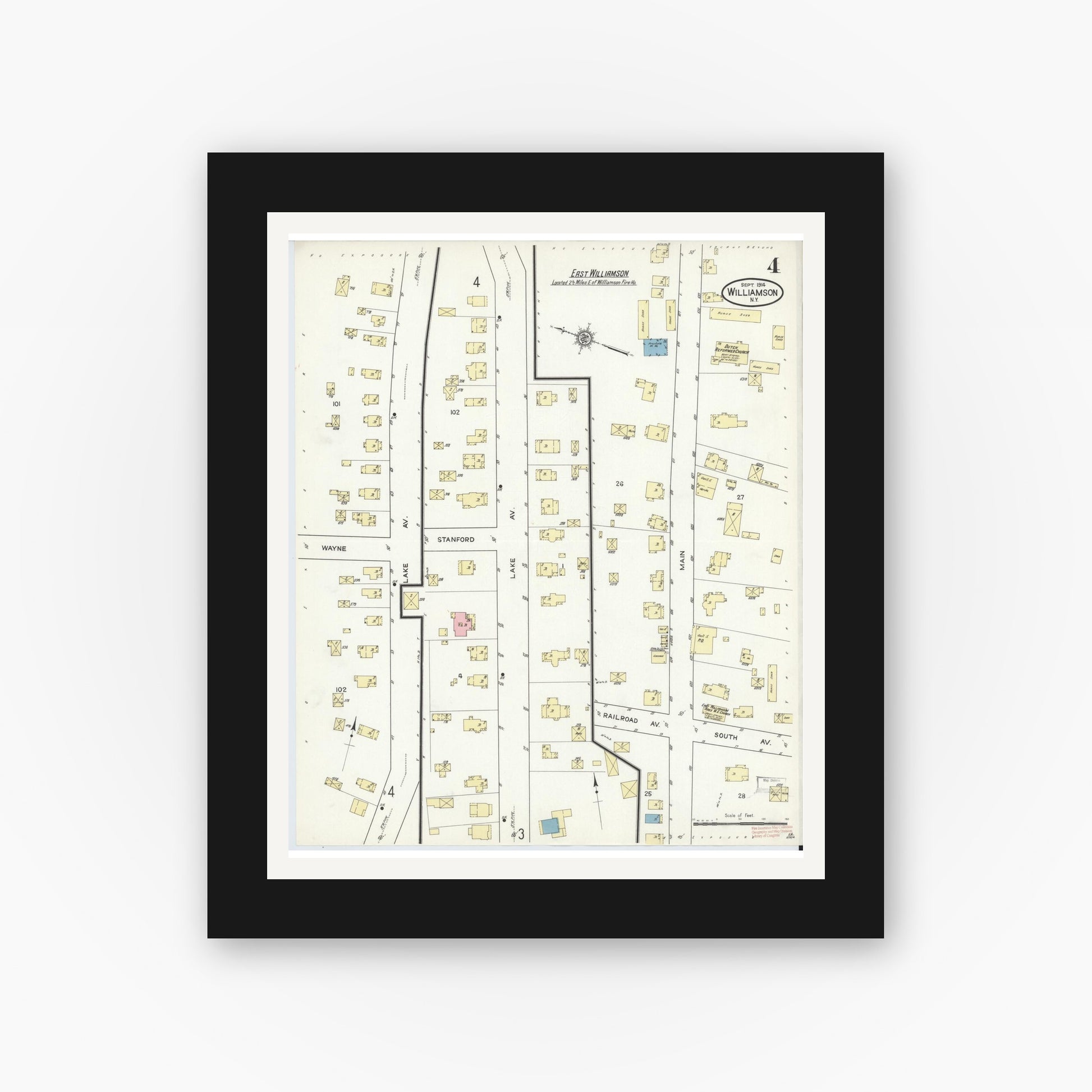 Old map wall art mockup — black gallery frame with white mat — Sanborn Fire Insurance Map from Williamson, Wayne County, New York (1914), Sheet #0004