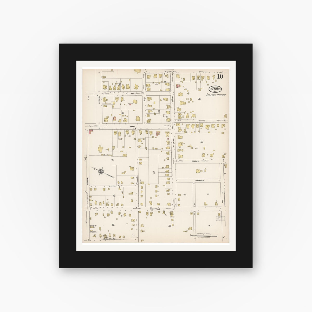 Old map wall art mockup — black gallery frame with white mat — Sanborn Fire Insurance Map from Oxford, Granville County, North Carolina (1922), Sheet #0010