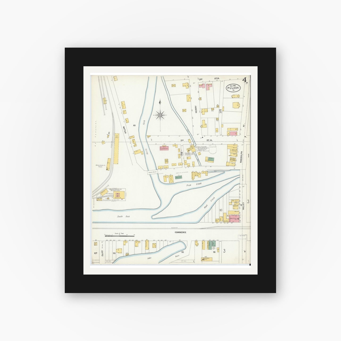 Old map wall art mockup — black gallery frame with white mat — Sanborn Fire Insurance Map from Pulaski, Pulaski County, Virginia (1903), Sheet #0004