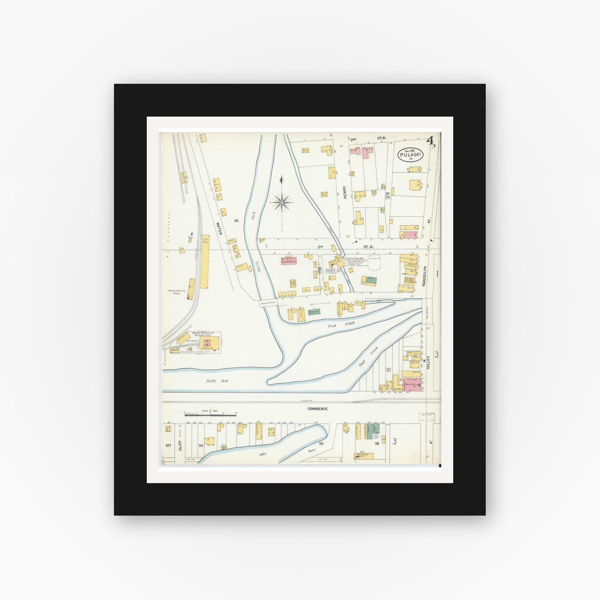 Old map wall art mockup — black gallery frame with white mat — Sanborn Fire Insurance Map from Pulaski, Pulaski County, Virginia (1903), Sheet #0004