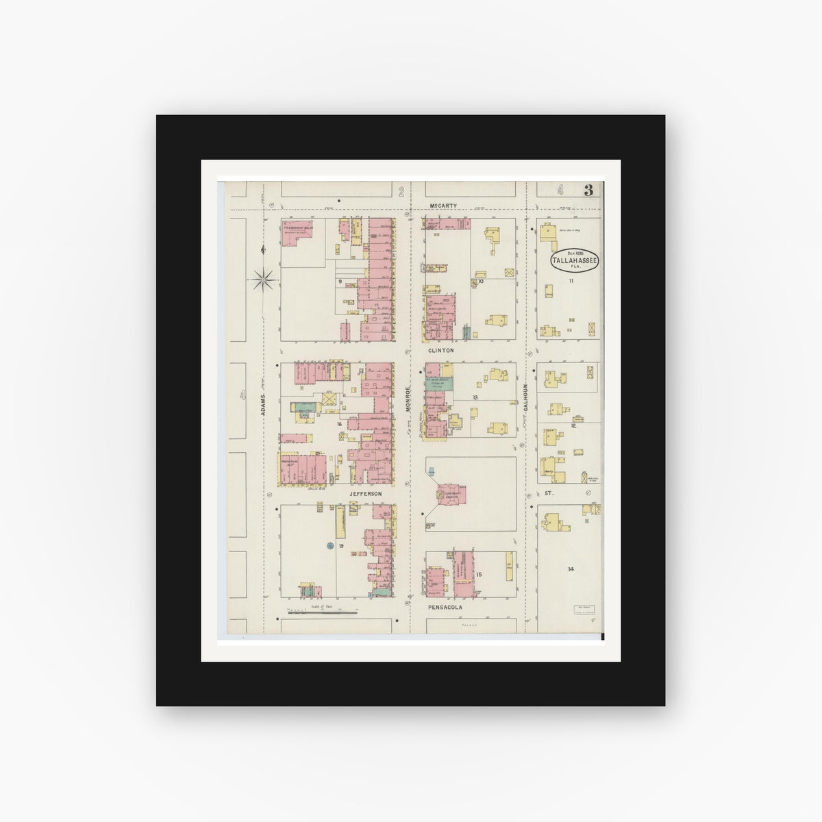 Old map wall art mockup — black gallery frame with white mat — Sanborn Fire Insurance Map from Tallahassee, Leon County, Florida (1895), Sheet #0003