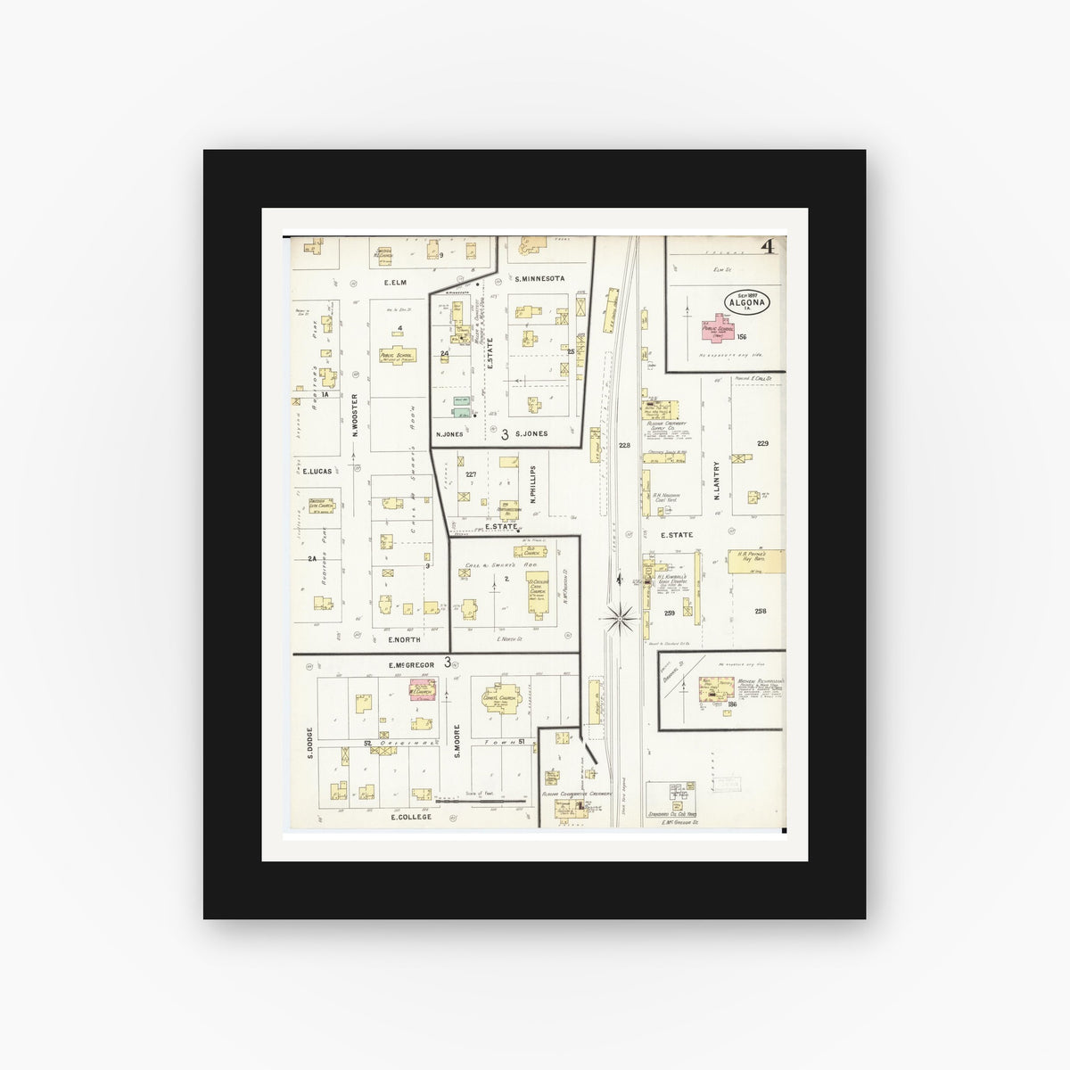 Old map wall art mockup — black gallery frame with white mat — Sanborn Fire Insurance Map from Algona, Kossuth County, Iowa (1897), Sheet #0004