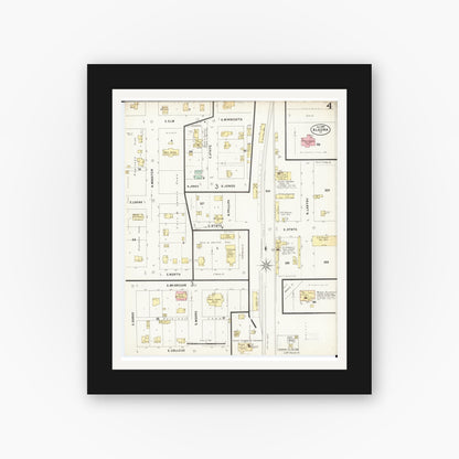 Old map wall art mockup — black gallery frame with white mat — Sanborn Fire Insurance Map from Algona, Kossuth County, Iowa (1897), Sheet #0004
