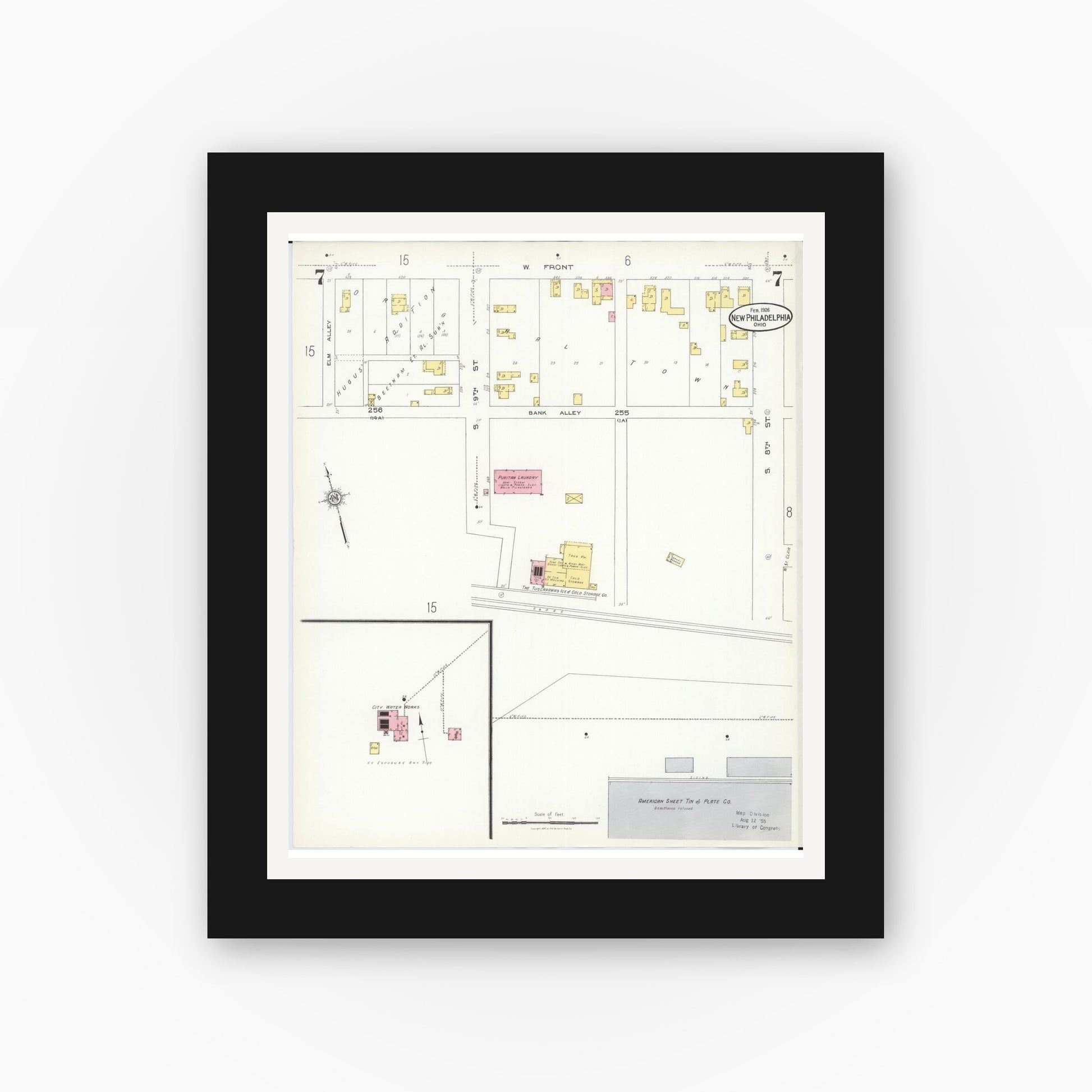 Old map wall art mockup — black gallery frame with white mat — Sanborn Fire Insurance Map from New Philadelphia, Tuscarawas County, Ohio (1926), Sheet #0007