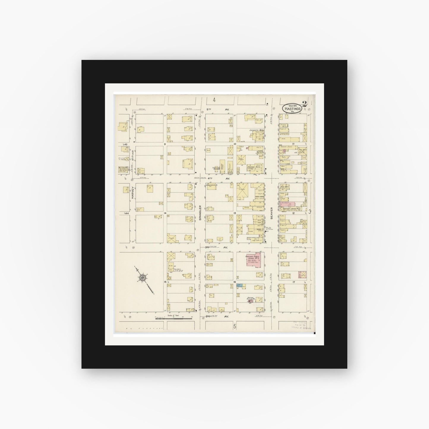 Old map wall art mockup — black gallery frame with white mat — Sanborn Fire Insurance Map from Hastings, Cambria County, Pennsylvania (1915), Sheet #0002