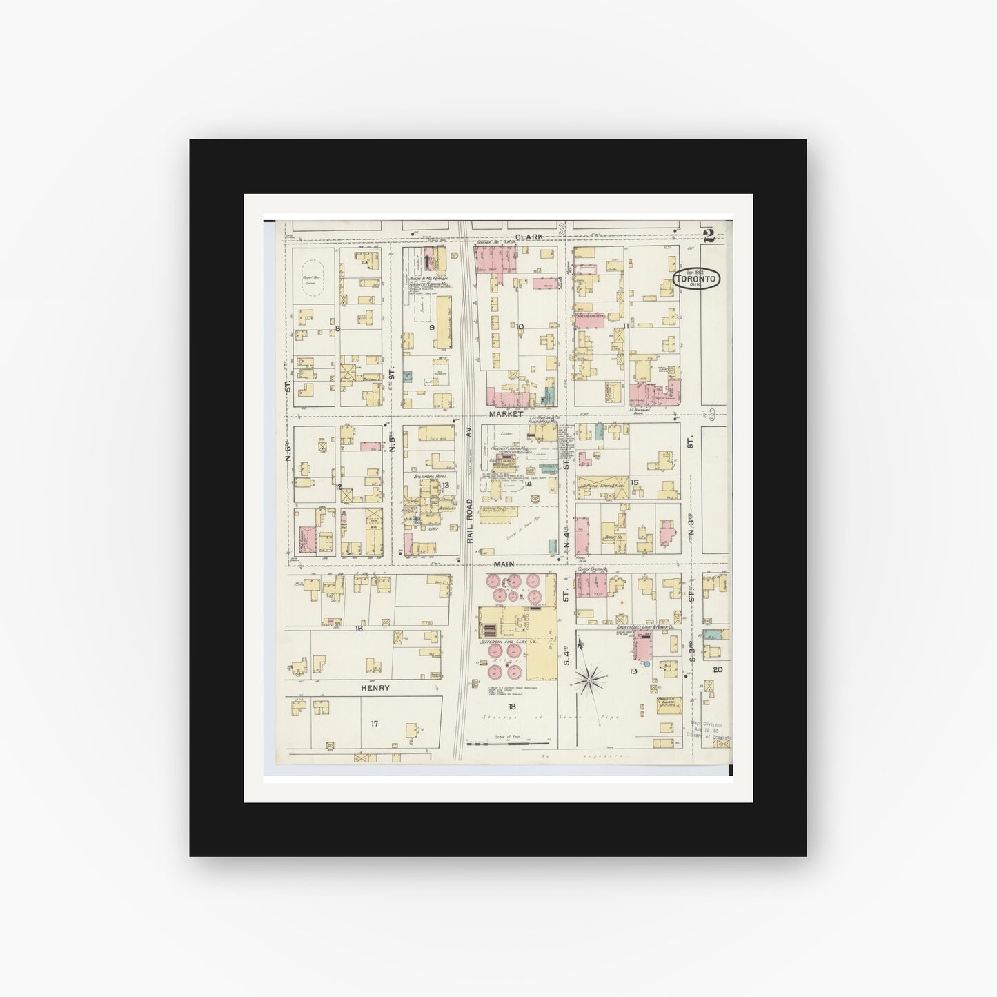 Old map wall art mockup — black gallery frame with white mat — Sanborn Fire Insurance Map from Toronto, Jefferson County, Ohio (1892), Sheet #0002