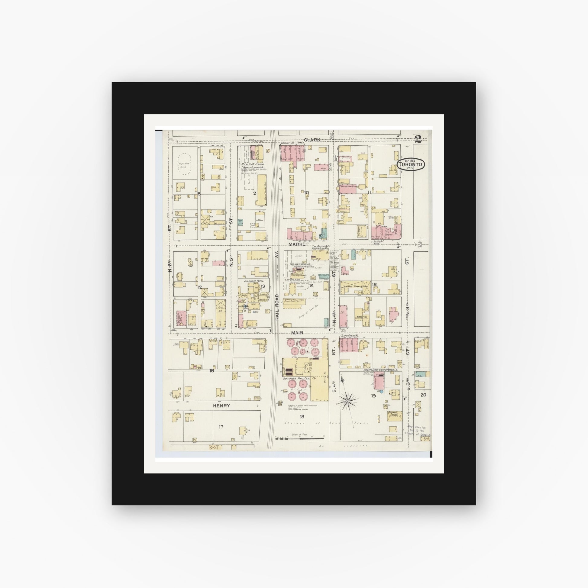 Old map wall art mockup — black gallery frame with white mat — Sanborn Fire Insurance Map from Toronto, Jefferson County, Ohio (1892), Sheet #0002