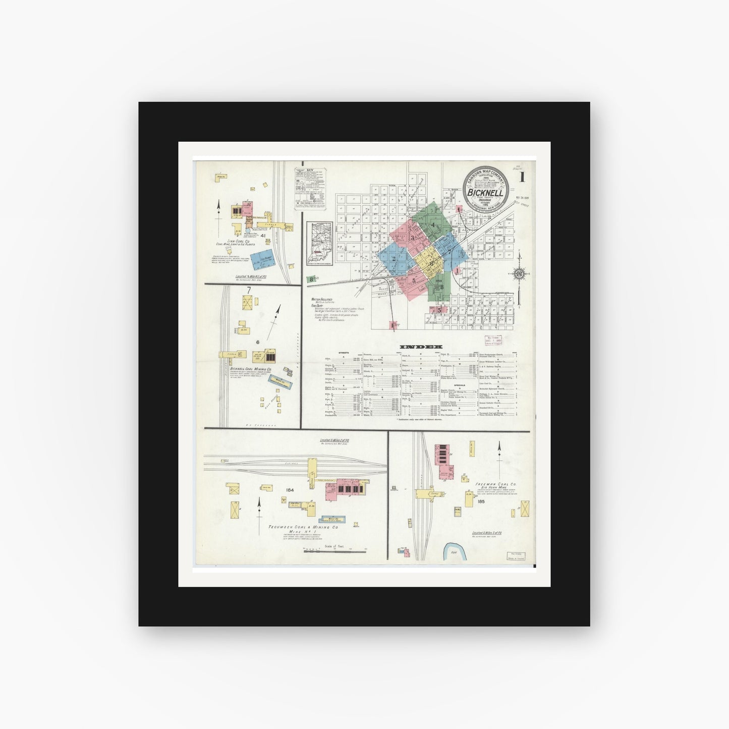 Old map wall art mockup — black gallery frame with white mat — Sanborn Fire Insurance Map from Bicknell, Knox County, Indiana (1915) - Complete Map Set