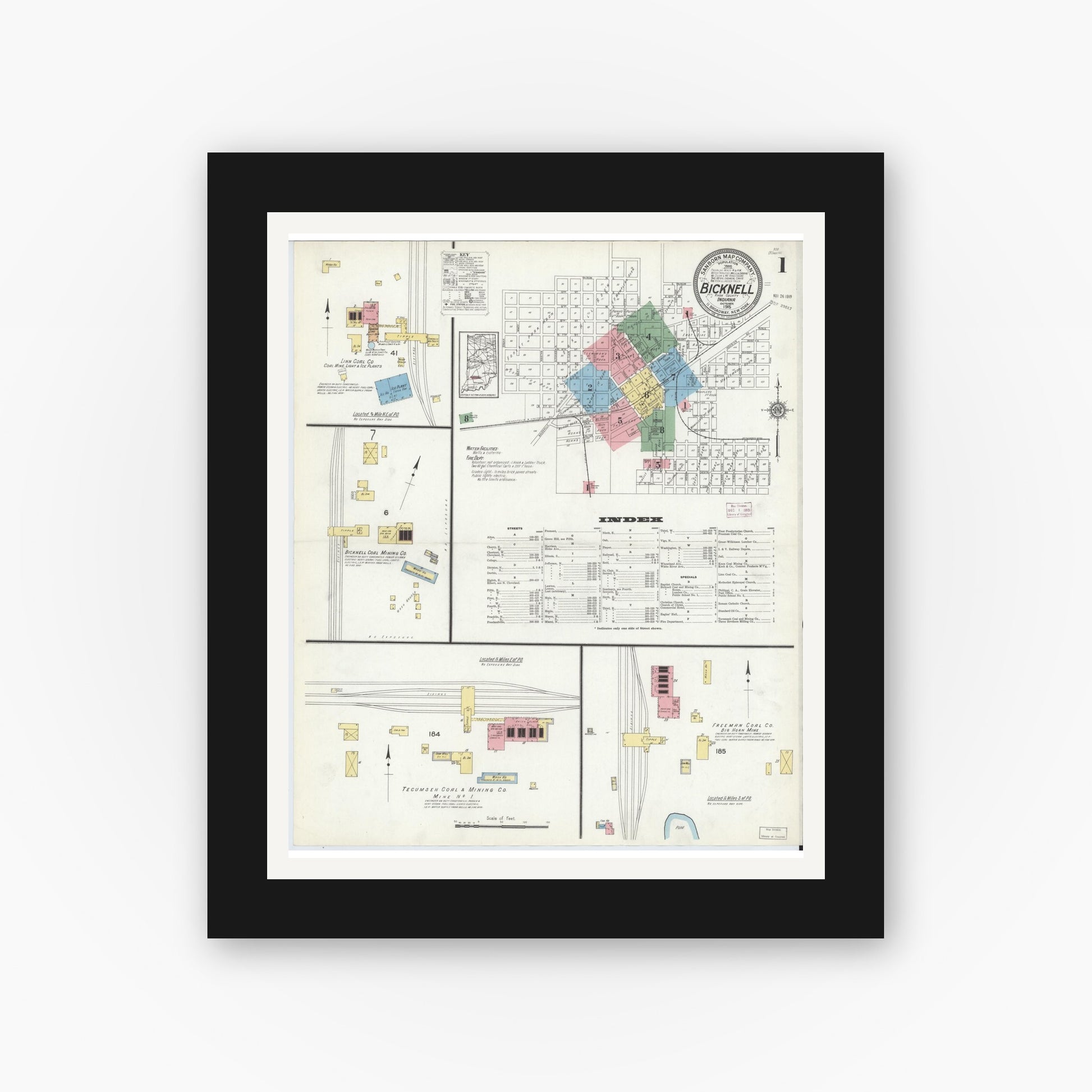 Old map wall art mockup — black gallery frame with white mat — Sanborn Fire Insurance Map from Bicknell, Knox County, Indiana (1915) - Complete Map Set