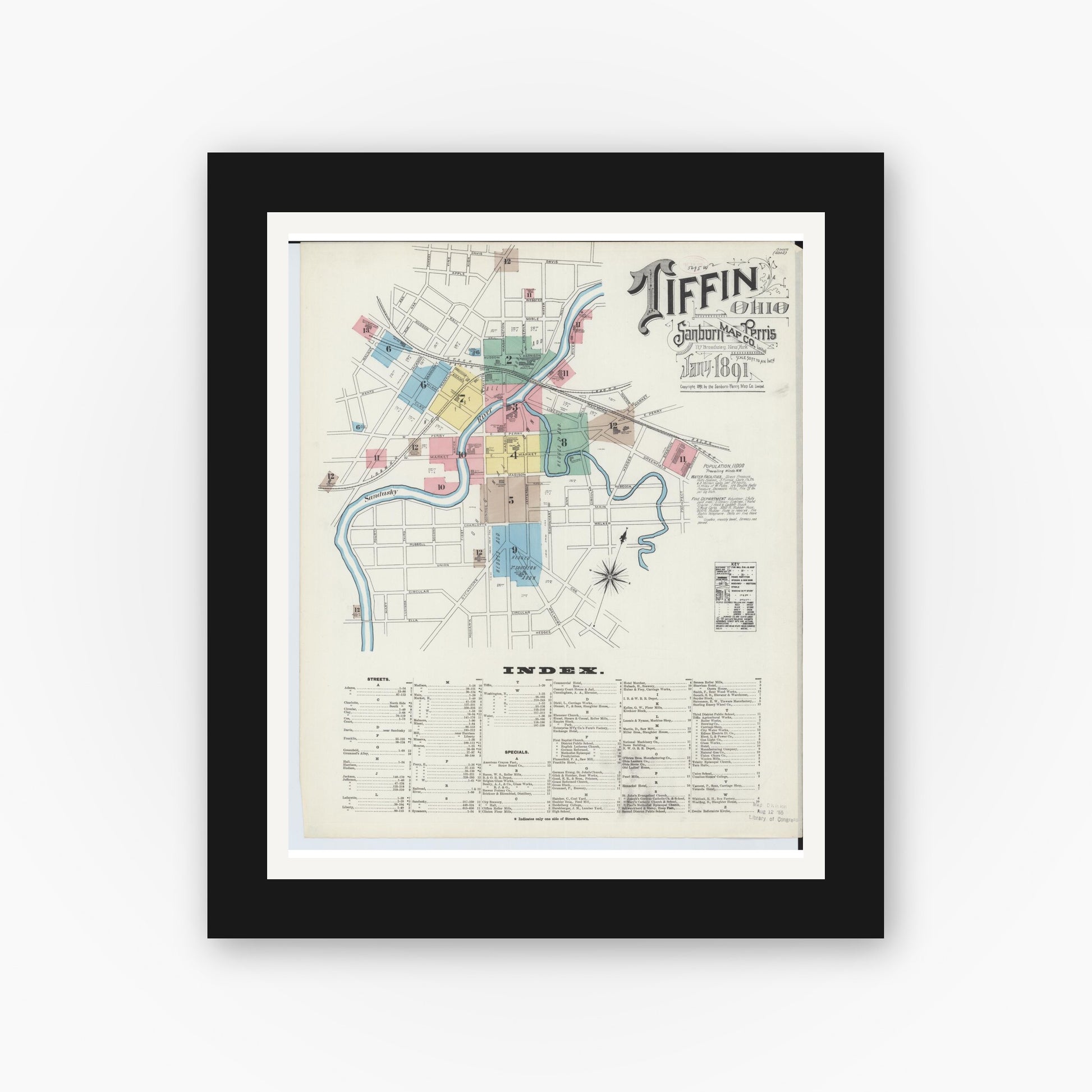 Old map wall art mockup — black gallery frame with white mat — Sanborn Fire Insurance Map from Tiffin, Seneca County, Ohio (1891), Sheet #0001