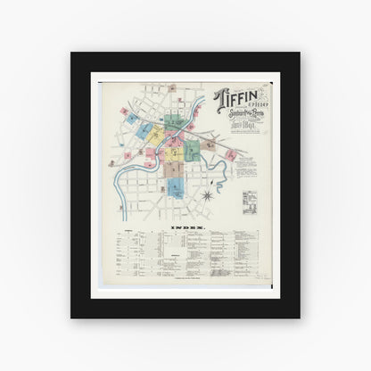 Old map wall art mockup — black gallery frame with white mat — Sanborn Fire Insurance Map from Tiffin, Seneca County, Ohio (1891), Sheet #0001