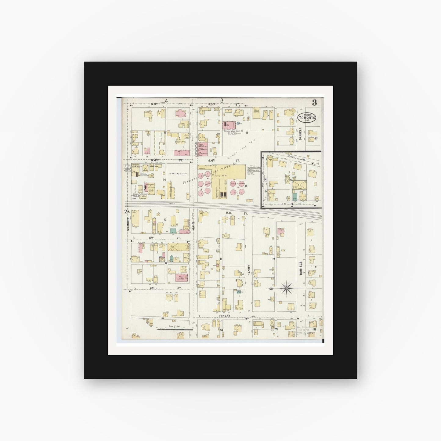 Old map wall art mockup — black gallery frame with white mat — Sanborn Fire Insurance Map from Toronto, Jefferson County, Ohio (1897), Sheet #0003