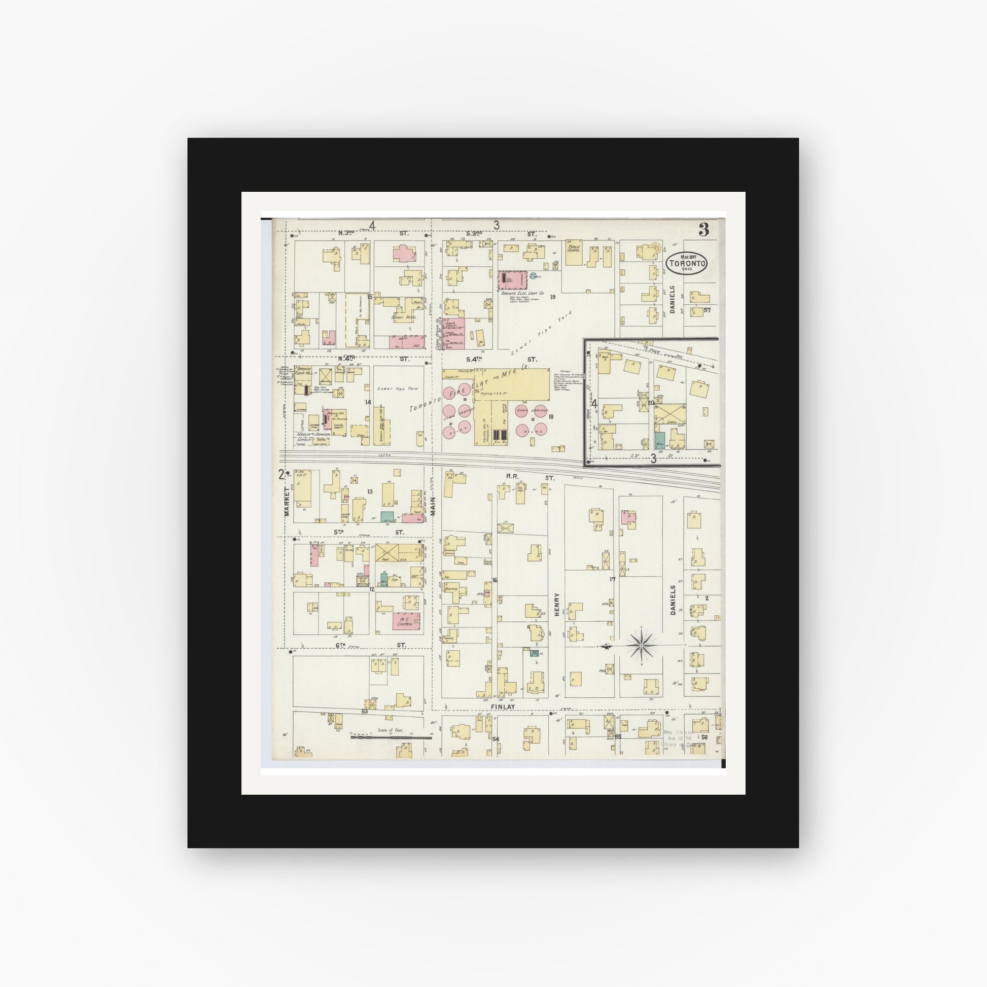 Old map wall art mockup — black gallery frame with white mat — Sanborn Fire Insurance Map from Toronto, Jefferson County, Ohio (1897), Sheet #0003