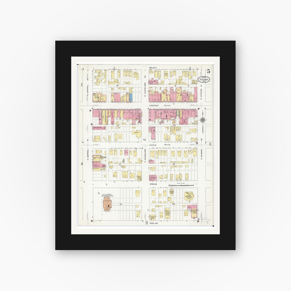 Old map wall art mockup — black gallery frame with white mat — Sanborn Fire Insurance Map from Virginia, Saint Louis County, Minnesota (1910), Sheet #0005