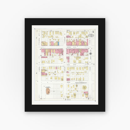 Old map wall art mockup — black gallery frame with white mat — Sanborn Fire Insurance Map from Virginia, Saint Louis County, Minnesota (1910), Sheet #0005