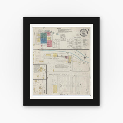 Old map wall art mockup — black gallery frame with white mat — Sanborn Fire Insurance Map from Ada, Norman County, Minnesota (1909), Sheet #0001