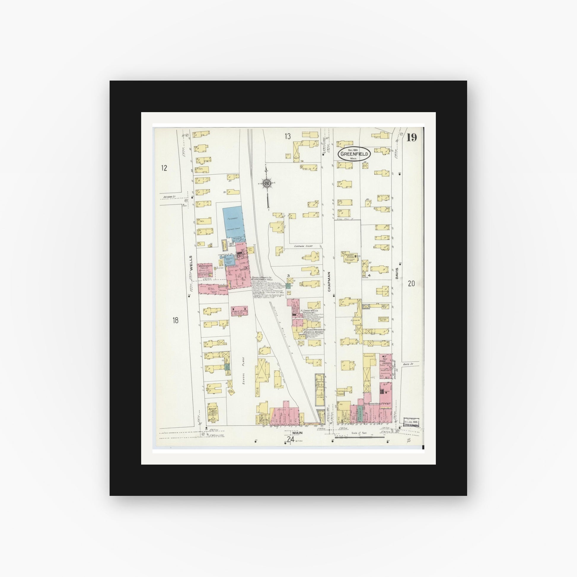 Old map wall art mockup — black gallery frame with white mat — Sanborn Fire Insurance Map from Greenfield, Franklin County, Massachusetts (1909), Sheet #0019