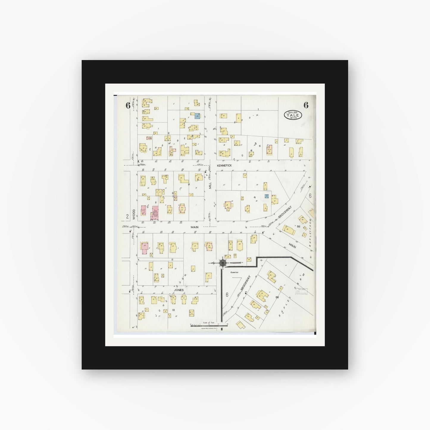 Old map wall art mockup — black gallery frame with white mat — Sanborn Fire Insurance Map from Yale, Saint Clair County, Michigan (1924), Sheet #0006