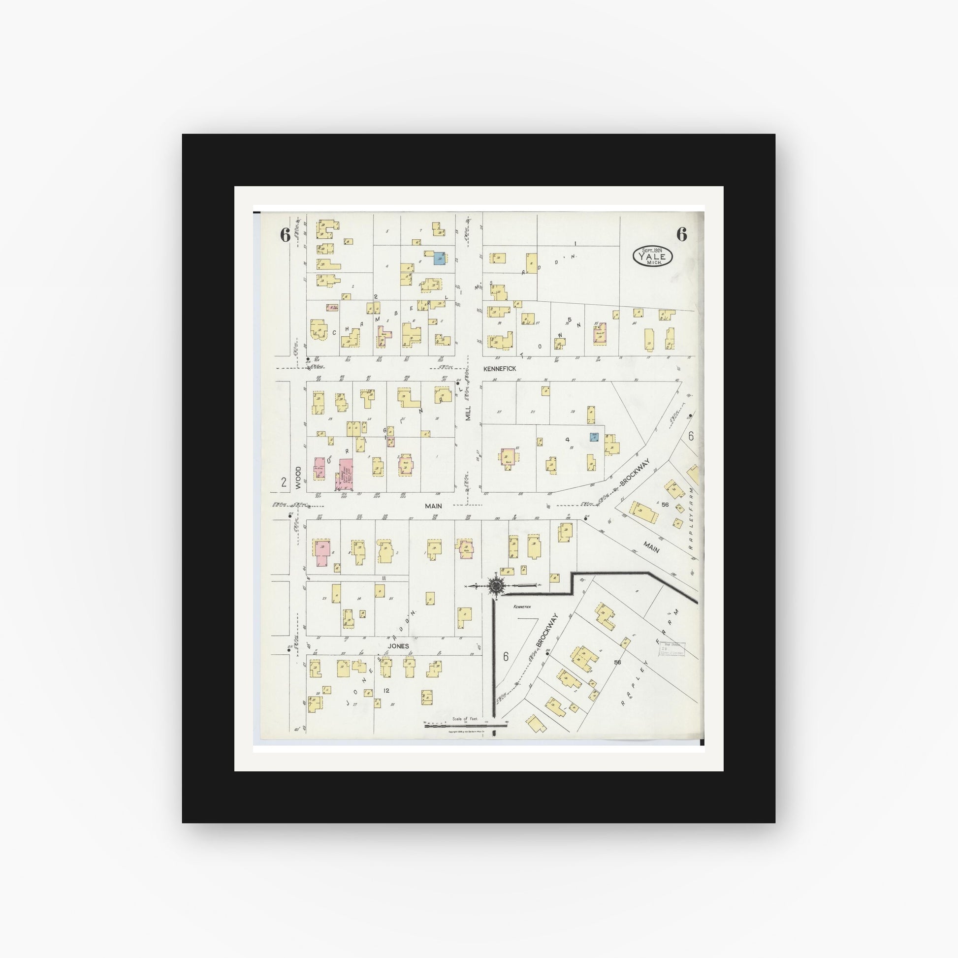 Old map wall art mockup — black gallery frame with white mat — Sanborn Fire Insurance Map from Yale, Saint Clair County, Michigan (1924), Sheet #0006