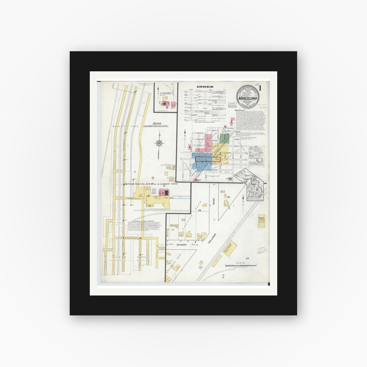 Old map wall art mockup — black gallery frame with white mat — Sanborn Fire Insurance Map from Mancelona, Antrim County, Michigan (1917) - Complete Map Set