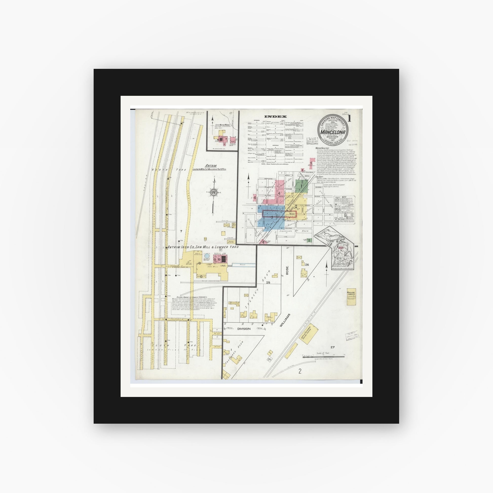 Old map wall art mockup — black gallery frame with white mat — Sanborn Fire Insurance Map from Mancelona, Antrim County, Michigan (1917) - Complete Map Set