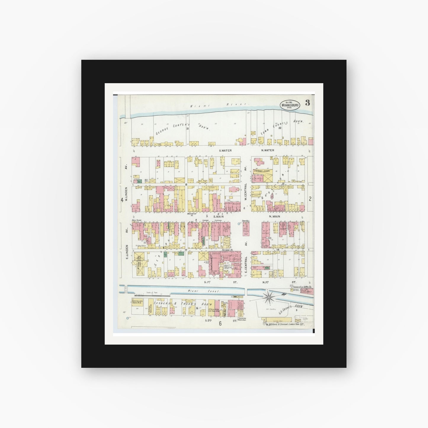 Old map wall art mockup — black gallery frame with white mat — Sanborn Fire Insurance Map from Miamisburg, Montgomery County, Ohio (1901), Sheet #0003