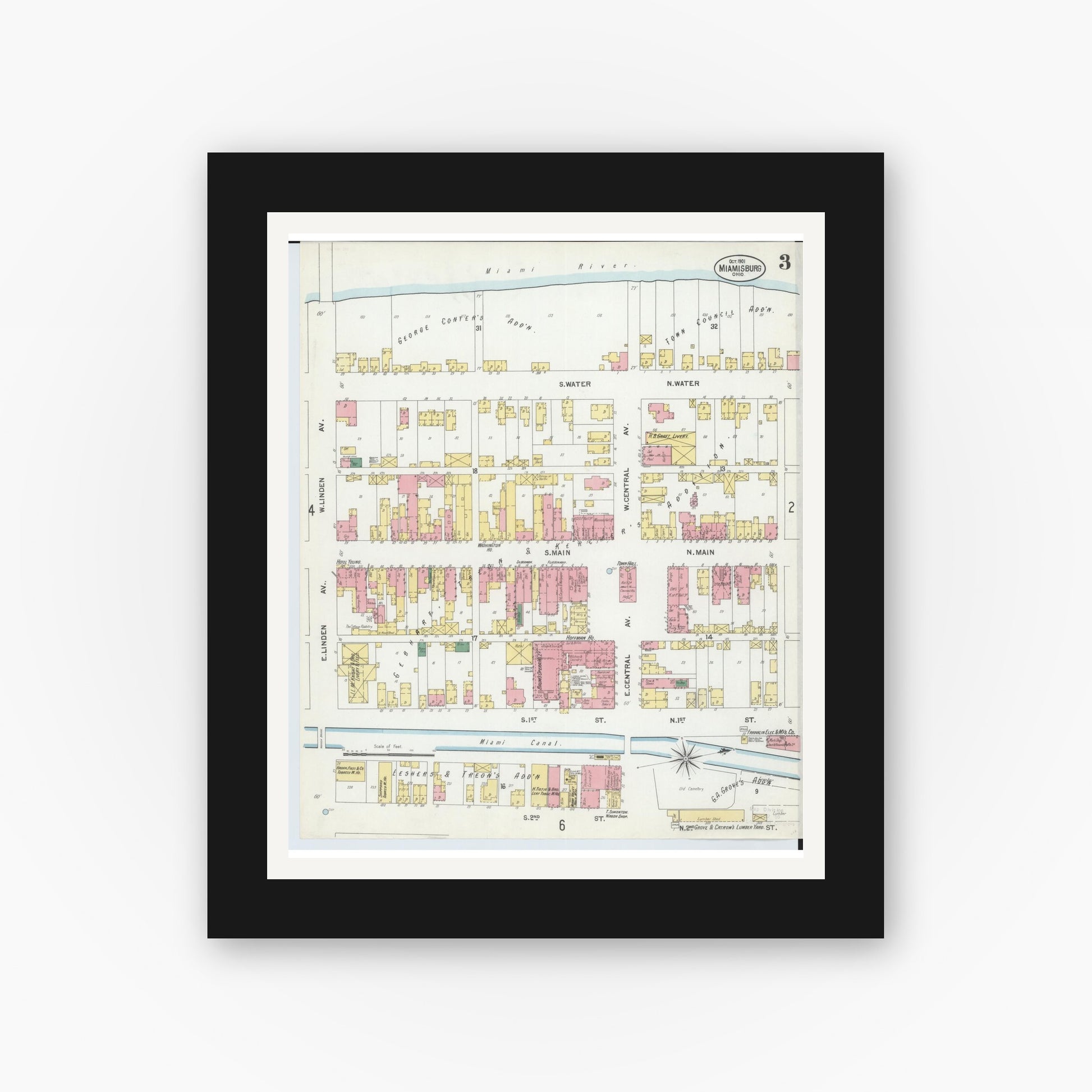 Old map wall art mockup — black gallery frame with white mat — Sanborn Fire Insurance Map from Miamisburg, Montgomery County, Ohio (1901), Sheet #0003