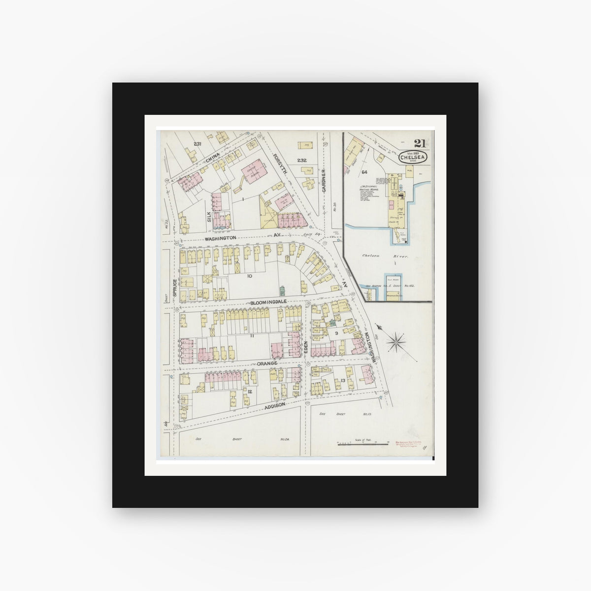 Old map wall art mockup — black gallery frame with white mat — Sanborn Fire Insurance Map from Chelsea, Suffolk County, Massachusetts (1889), Sheet #0021