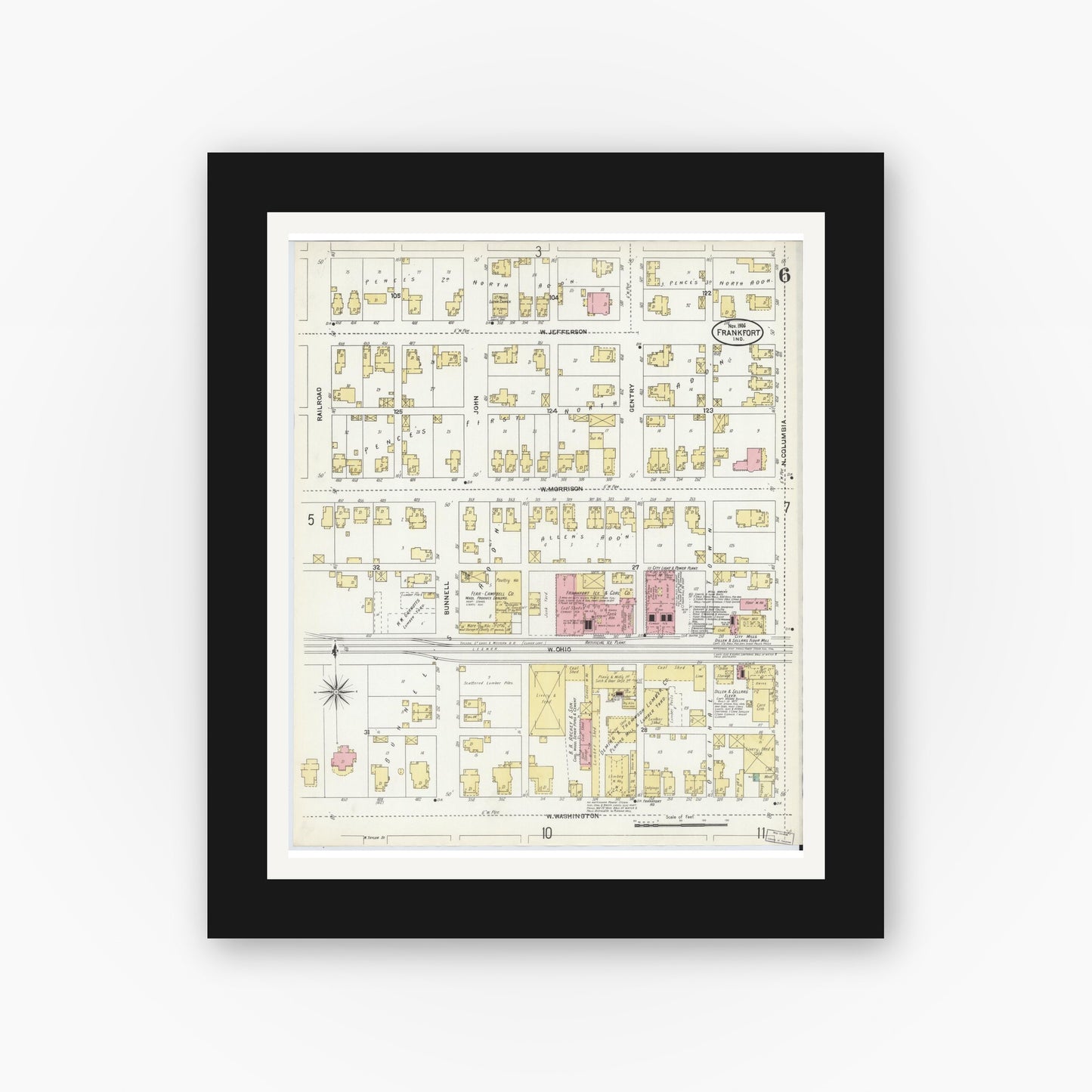 Old map wall art mockup — black gallery frame with white mat — Sanborn Fire Insurance Map from Frankfort, Clinton County, Indiana (1906), Sheet #0006