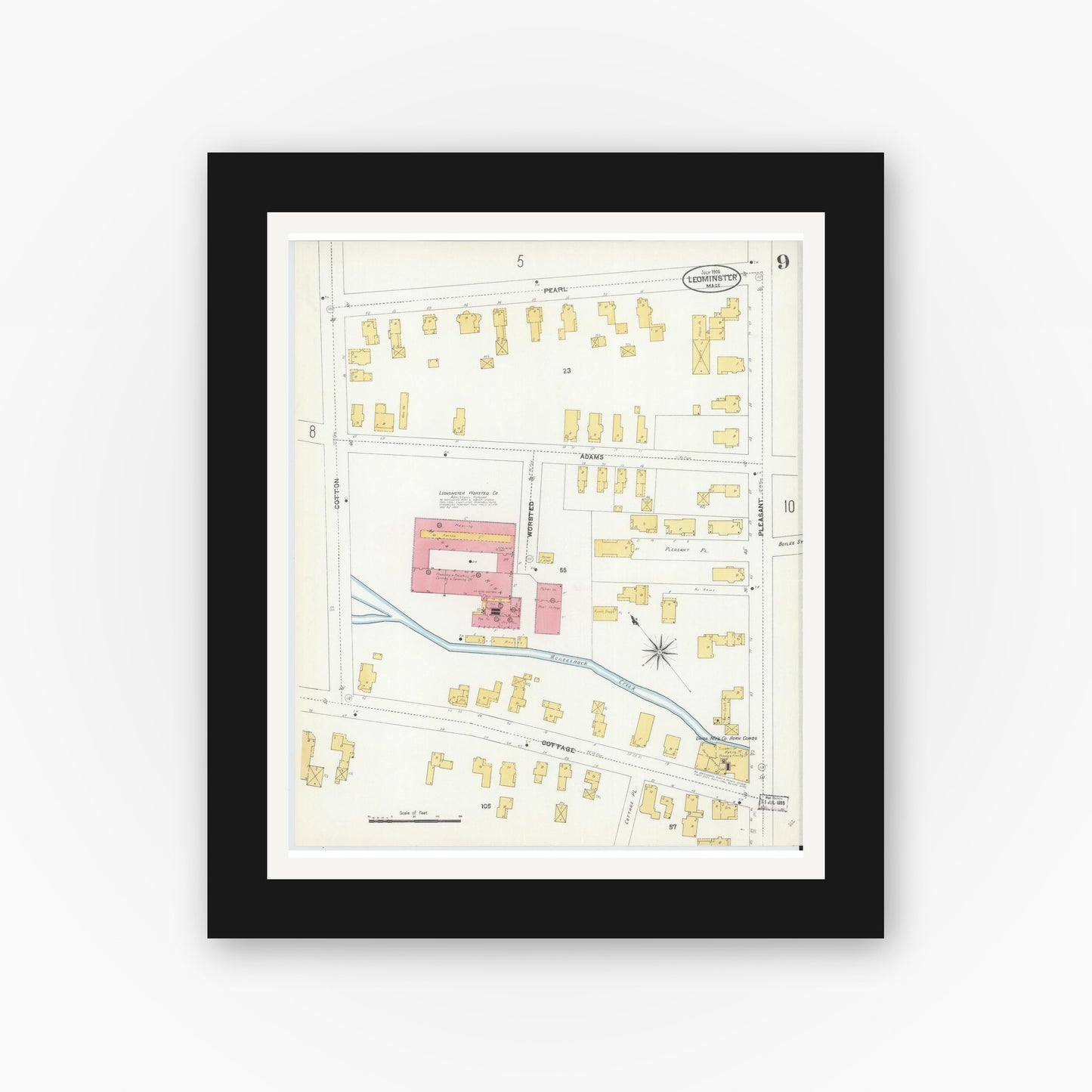 Old map wall art mockup — black gallery frame with white mat — Sanborn Fire Insurance Map from Leominster, Worcester County, Massachusetts (1906), Sheet #0009
