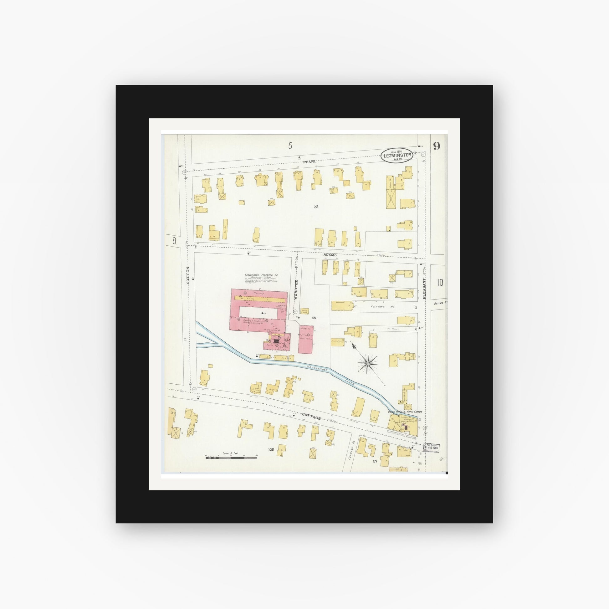 Old map wall art mockup — black gallery frame with white mat — Sanborn Fire Insurance Map from Leominster, Worcester County, Massachusetts (1906), Sheet #0009