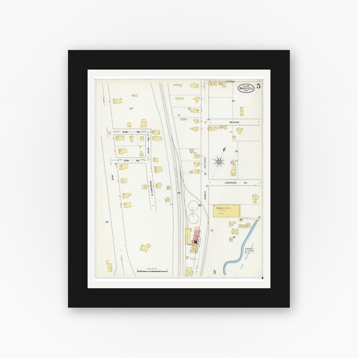 Old map wall art mockup — black gallery frame with white mat — Sanborn Fire Insurance Map from Wakefield, Middlesex County, Massachusetts (1909), Sheet #0005