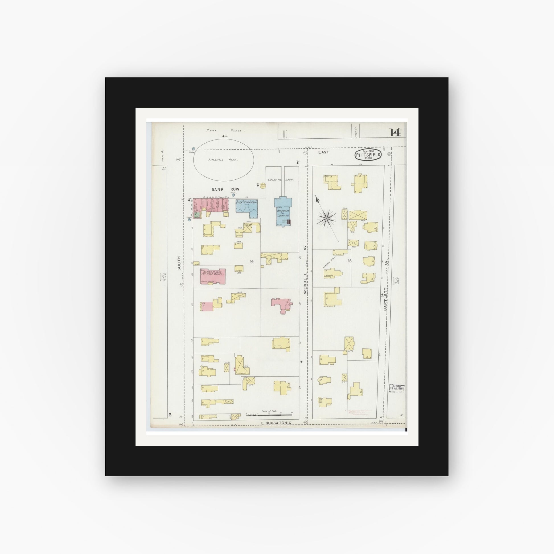 Old map wall art mockup — black gallery frame with white mat — Sanborn Fire Insurance Map from Pittsfield, Berkshire County, Massachusetts (1895), Sheet #0014